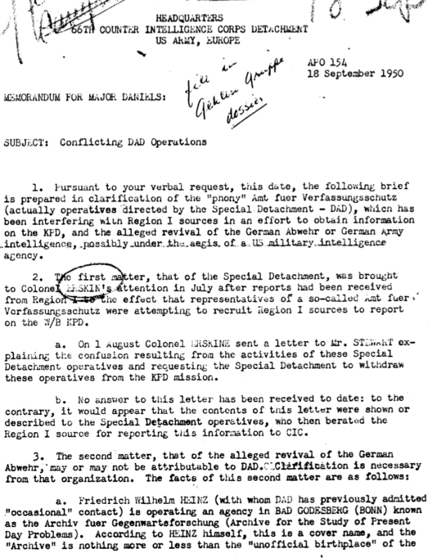 One page of an US-army report mentioning Heinz's "Archiv für Gegenwartsforschung", 1950
